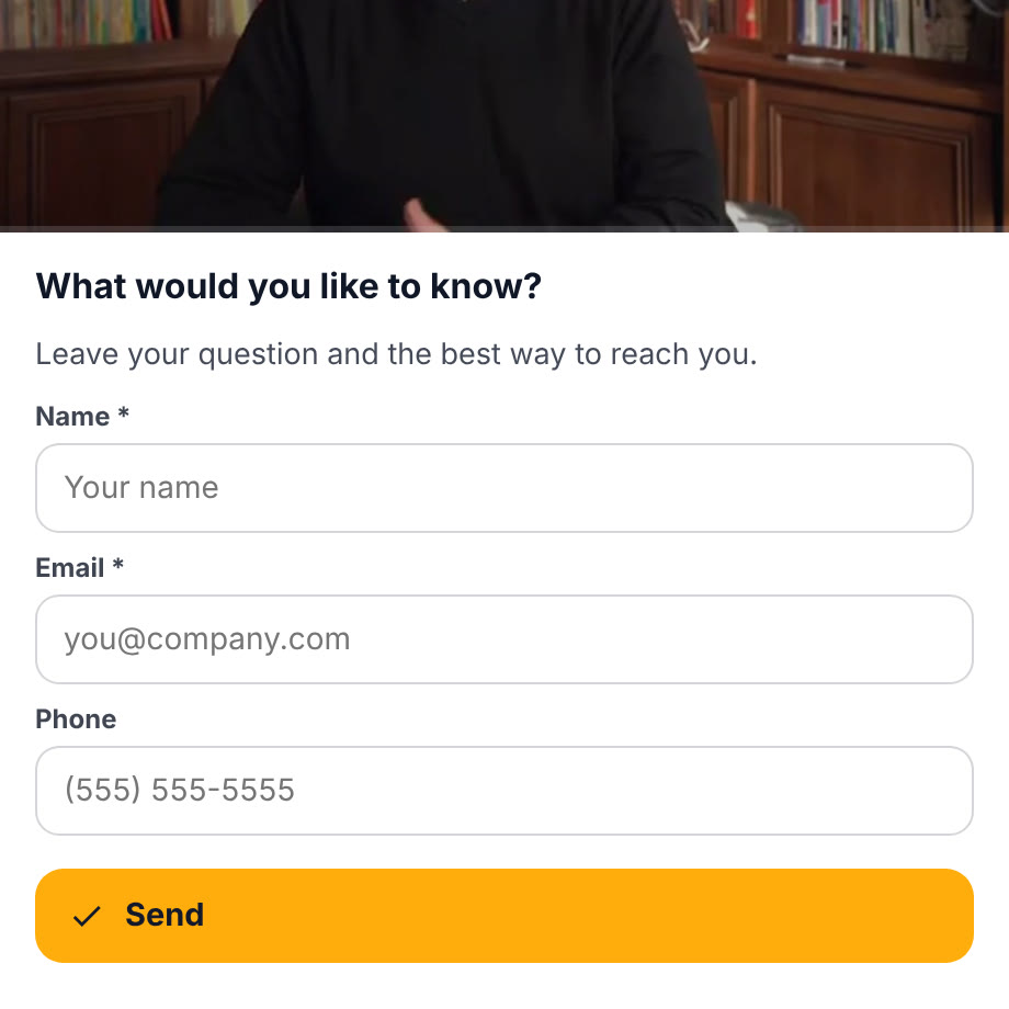 The bubble asking a visitor for their question, name, email and phone, with a Send button