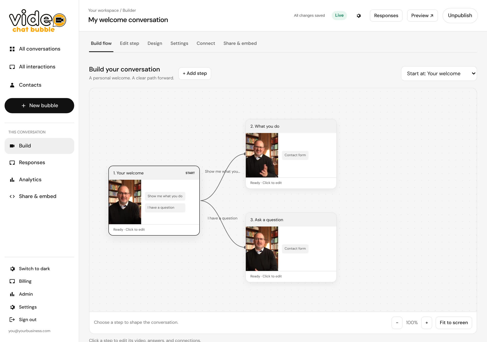 The Video Chat Bubble builder: a welcome video with two buttons, each leading to its own video step